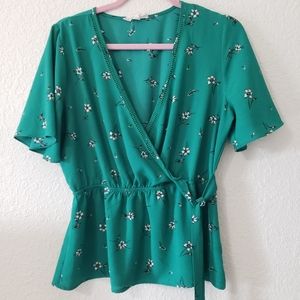 Pink Rose Green Floral Wrap Top Size L